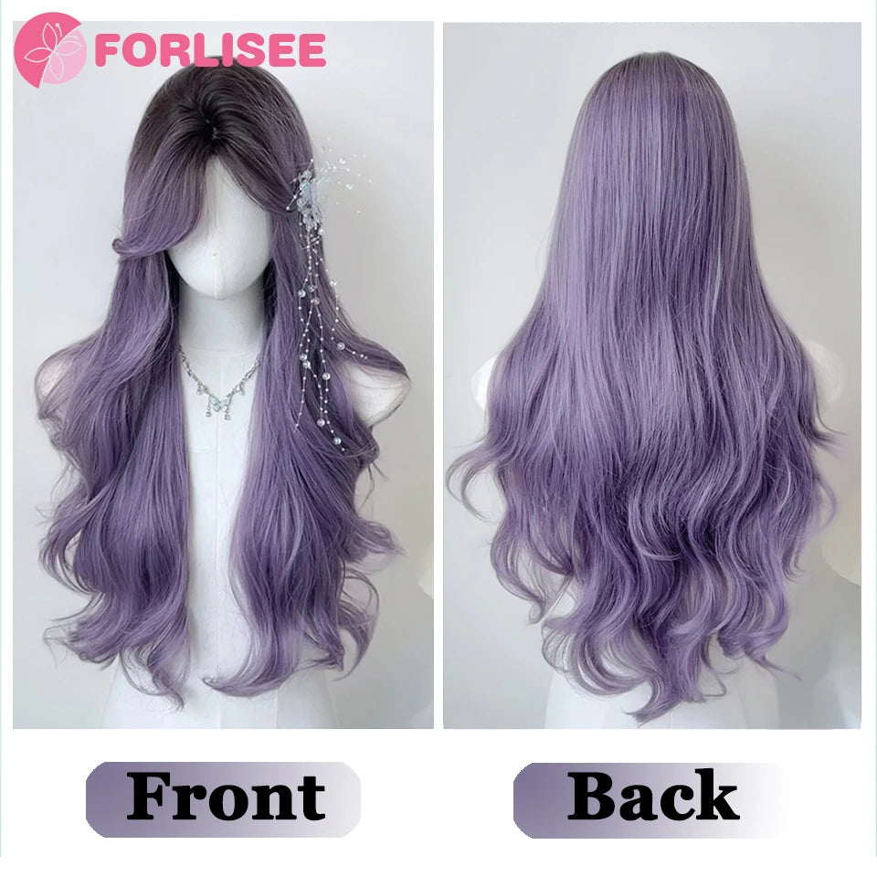 Ombre-peruk 66 cm – lång lockig cosplayperuk med mittbena