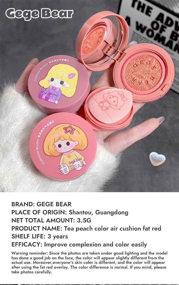 Blusear Cushion Blush – långvarigt rouge med puff, blendbar nyans & brightening-effekth Blendable Shade with Powder Puff Whitening without Sticking Long Lasting Gege Bear Makeup Blusher