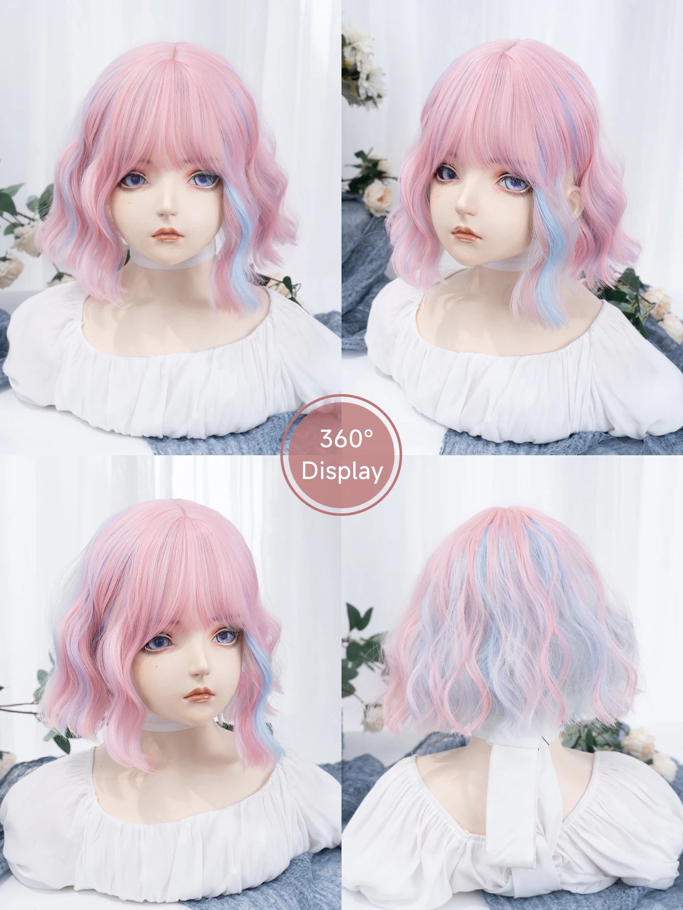 Lolita-peruk 30 cm – kort vågig peruk i blå & rosa toner med lugg