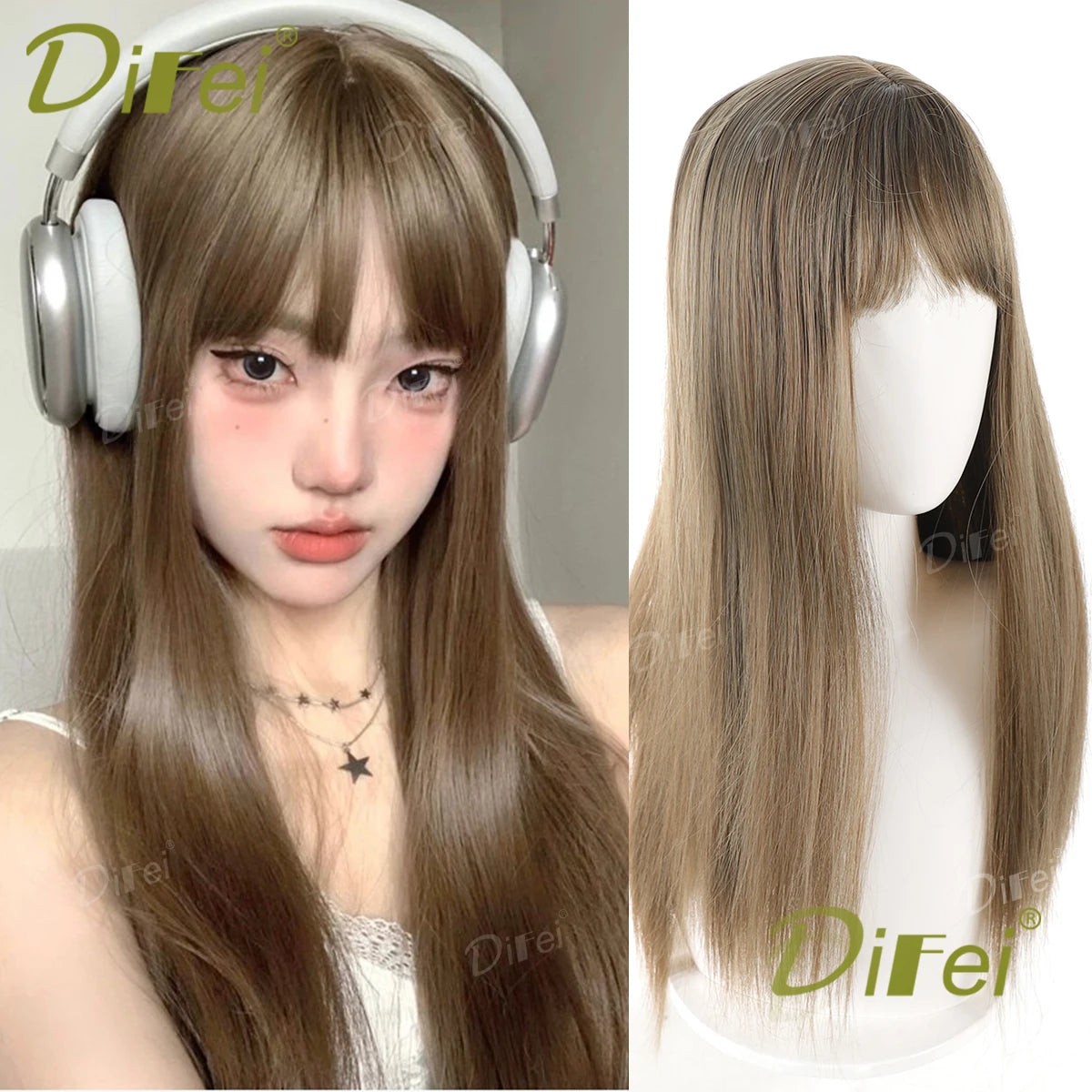 Mintgrön lolita-peruk 66 cm – lång rak syntetperuk med lugg