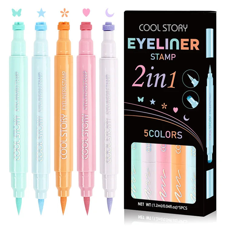 Eyeliner set 5-pack – pastell eyeliners med stämplar (fjäril, stjärna, hjärta, blomma & måne), vattenfasta & snabbtorkande
