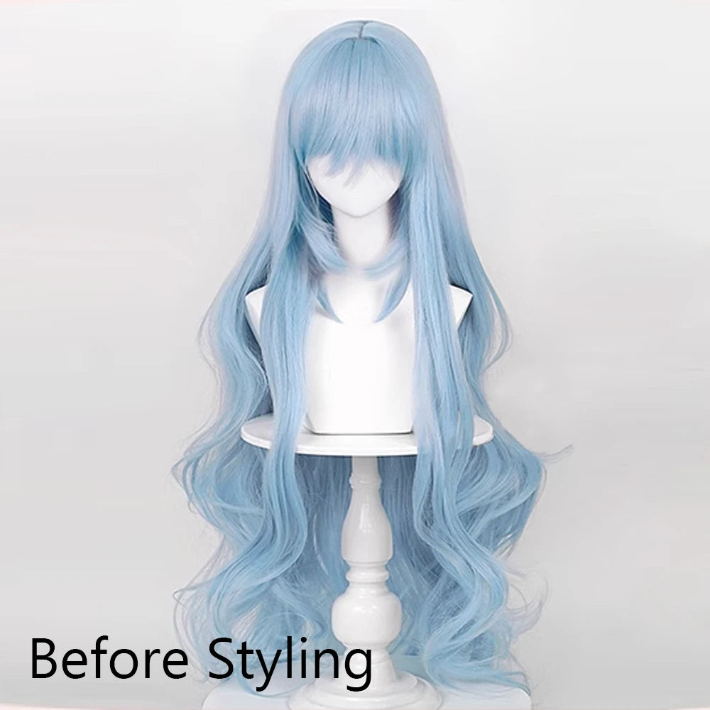 Blå vågig peruk 66 cm – lång syntetperuk med lugg
