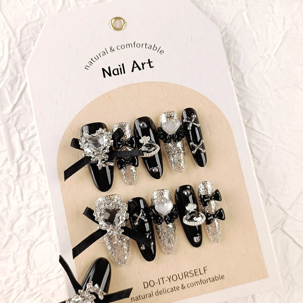 Handgjorda press-on naglar – rosa med svarta rosetter, återanvändbara