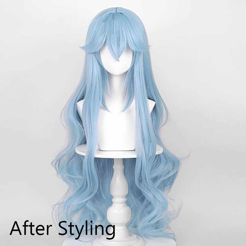 Blå vågig peruk 66 cm – lång syntetperuk med lugg