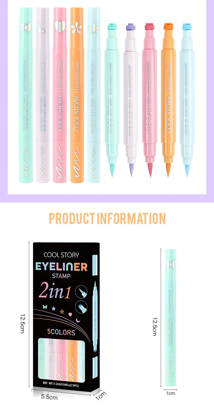 Eyeliner set 5-pack – pastell eyeliners med stämplar (fjäril, stjärna, hjärta, blomma & måne), vattenfasta & snabbtorkande