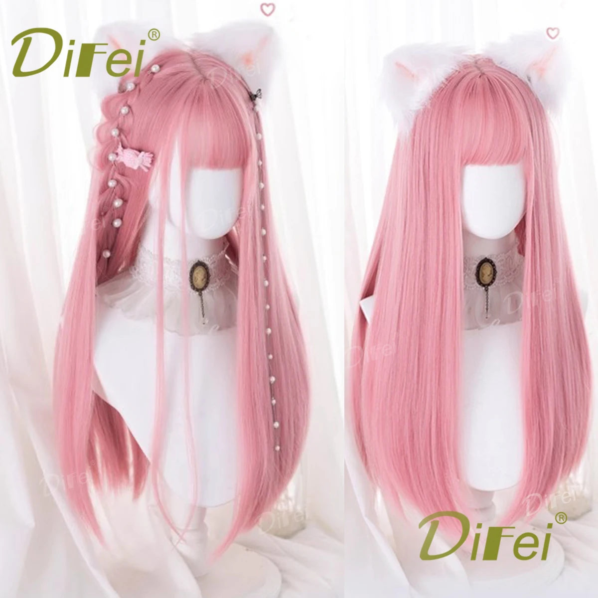 Mintgrön lolita-peruk 66 cm – lång rak syntetperuk med lugg