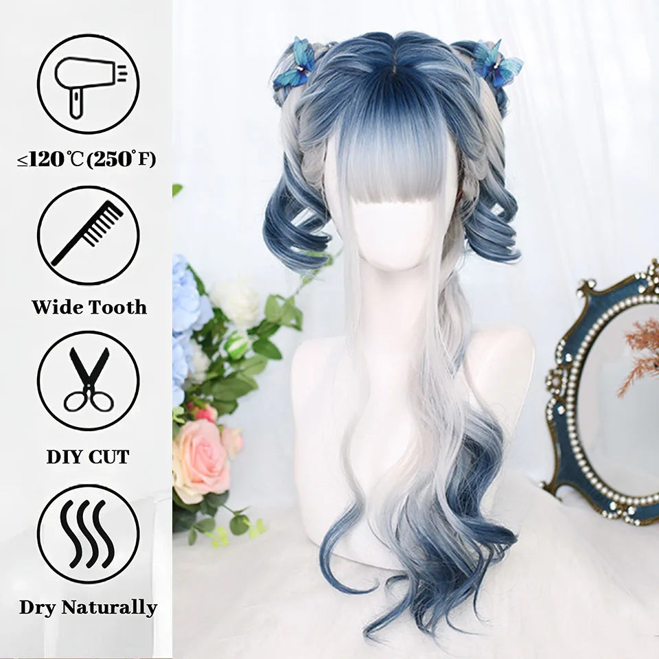 Ombre Harajuku-peruk 66 cm – lång vågig cosplayperuk med lugg
