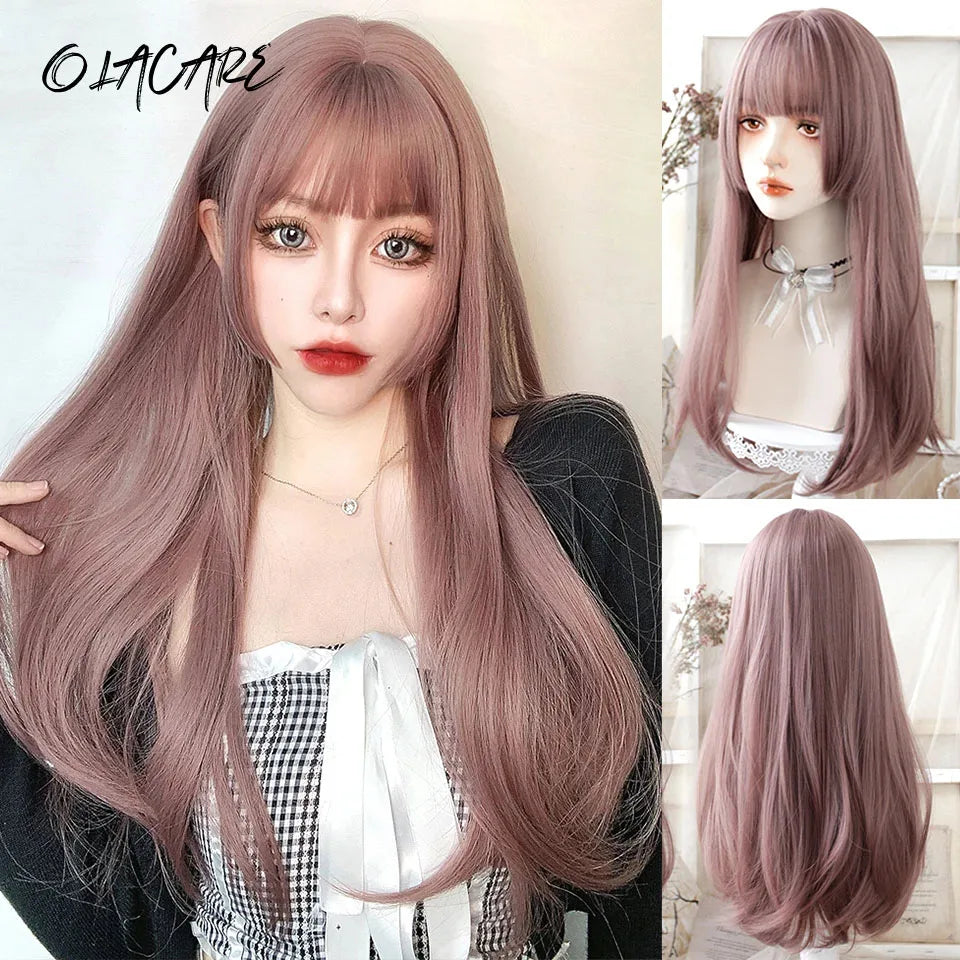 Ombre Harajuku-peruk 66 cm – lång vågig cosplayperuk med lugg