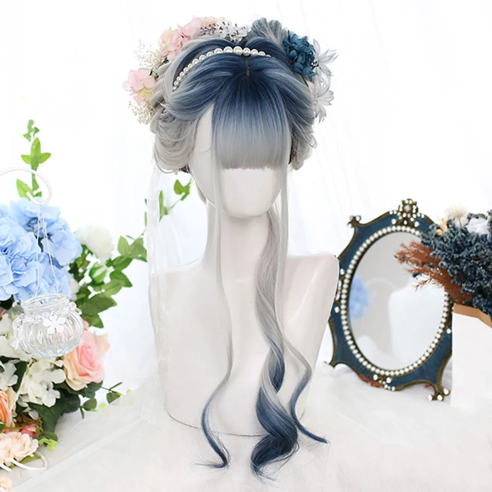 Ombre Harajuku-peruk 66 cm – lång vågig cosplayperuk med lugg