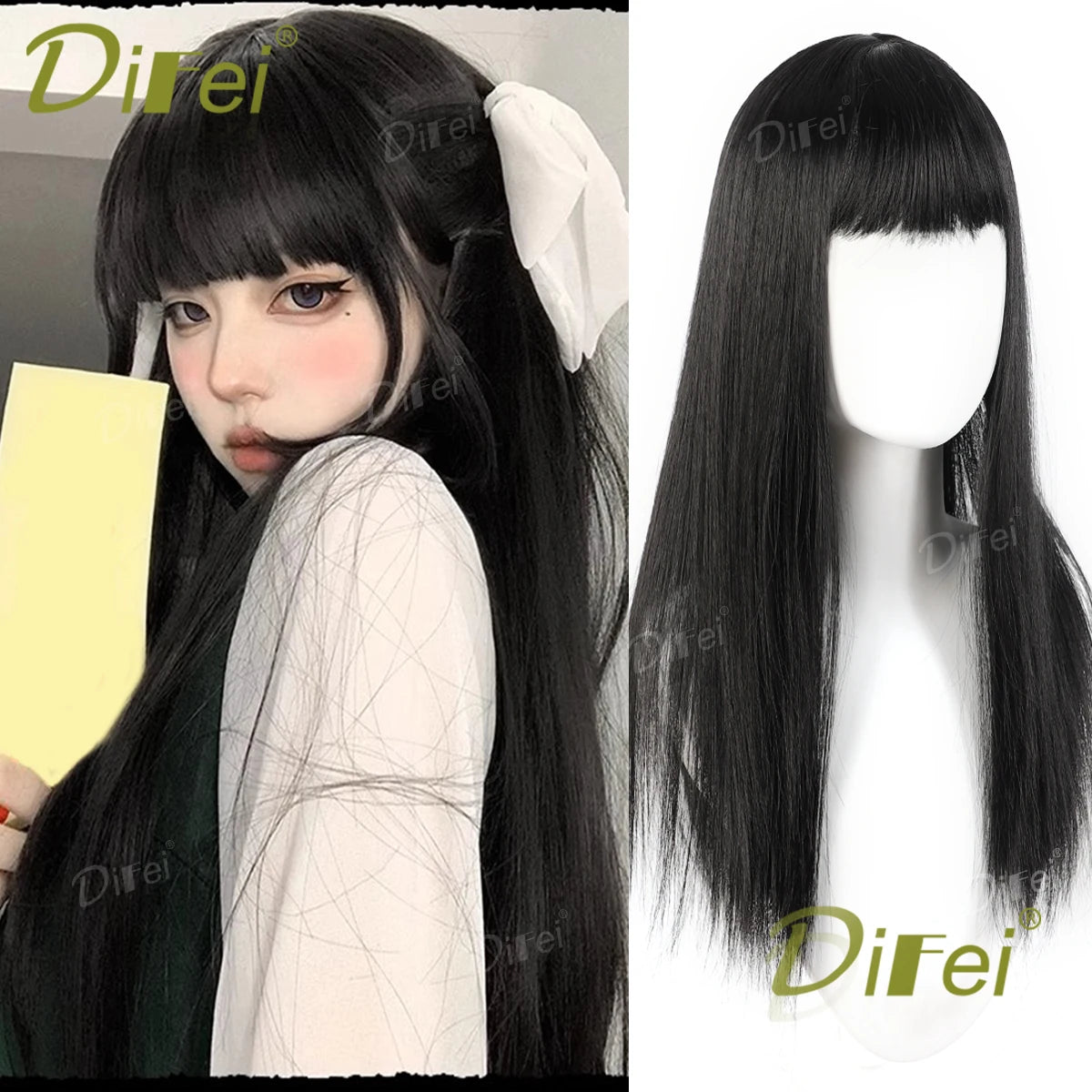 Mintgrön lolita-peruk 66 cm – lång rak syntetperuk med lugg