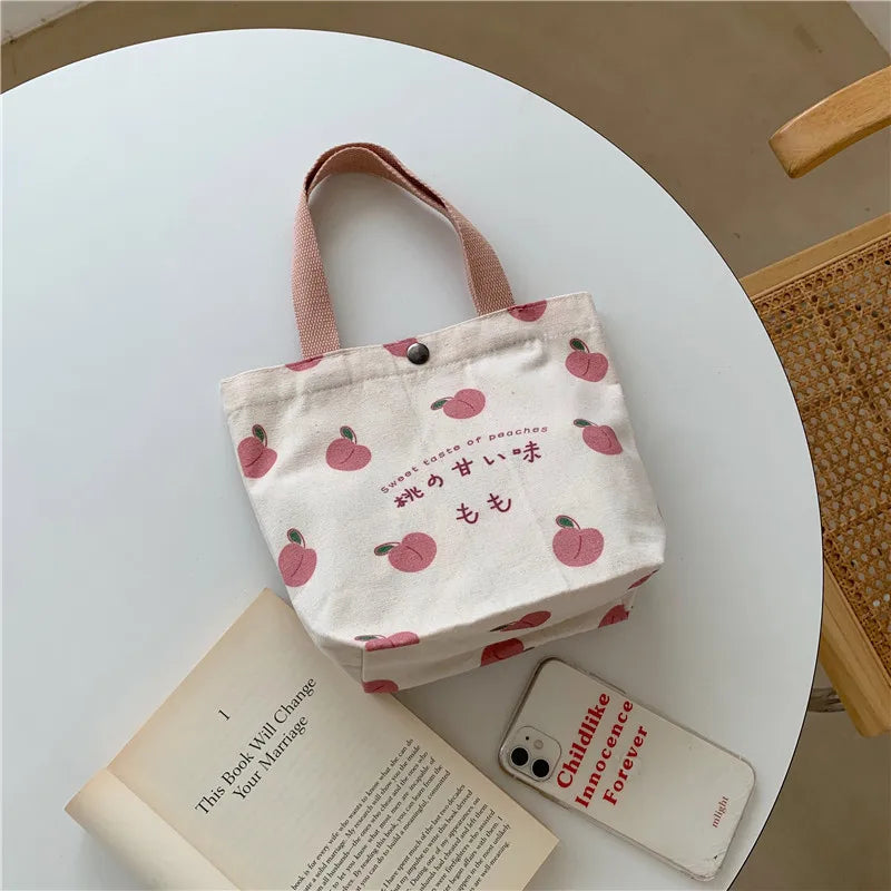 Mini canvas tote bag – japansk/koreansk handväska med persikomotiv