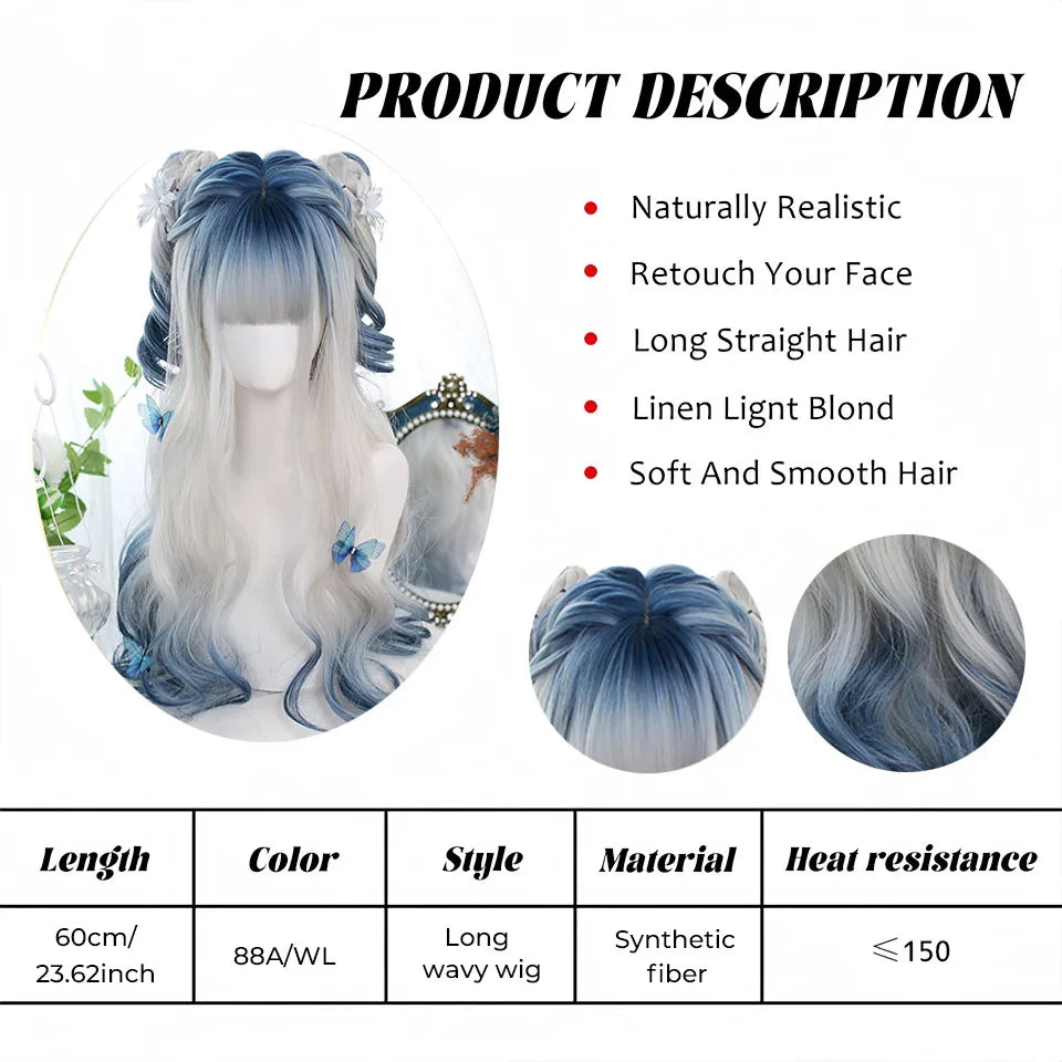 Ombre Harajuku-peruk 66 cm – lång vågig cosplayperuk med lugg