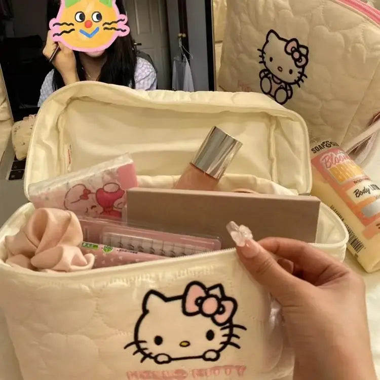 Hello Kitty Sminkväska – Kawaii fyrkantig necessär med dubbel dragkedja