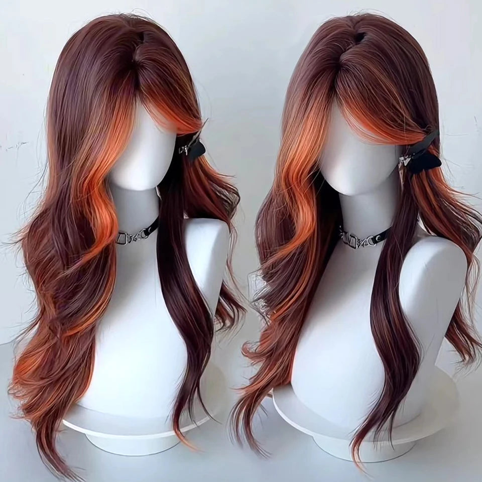 Ombre Harajuku-peruk 66 cm – lång vågig cosplayperuk med lugg