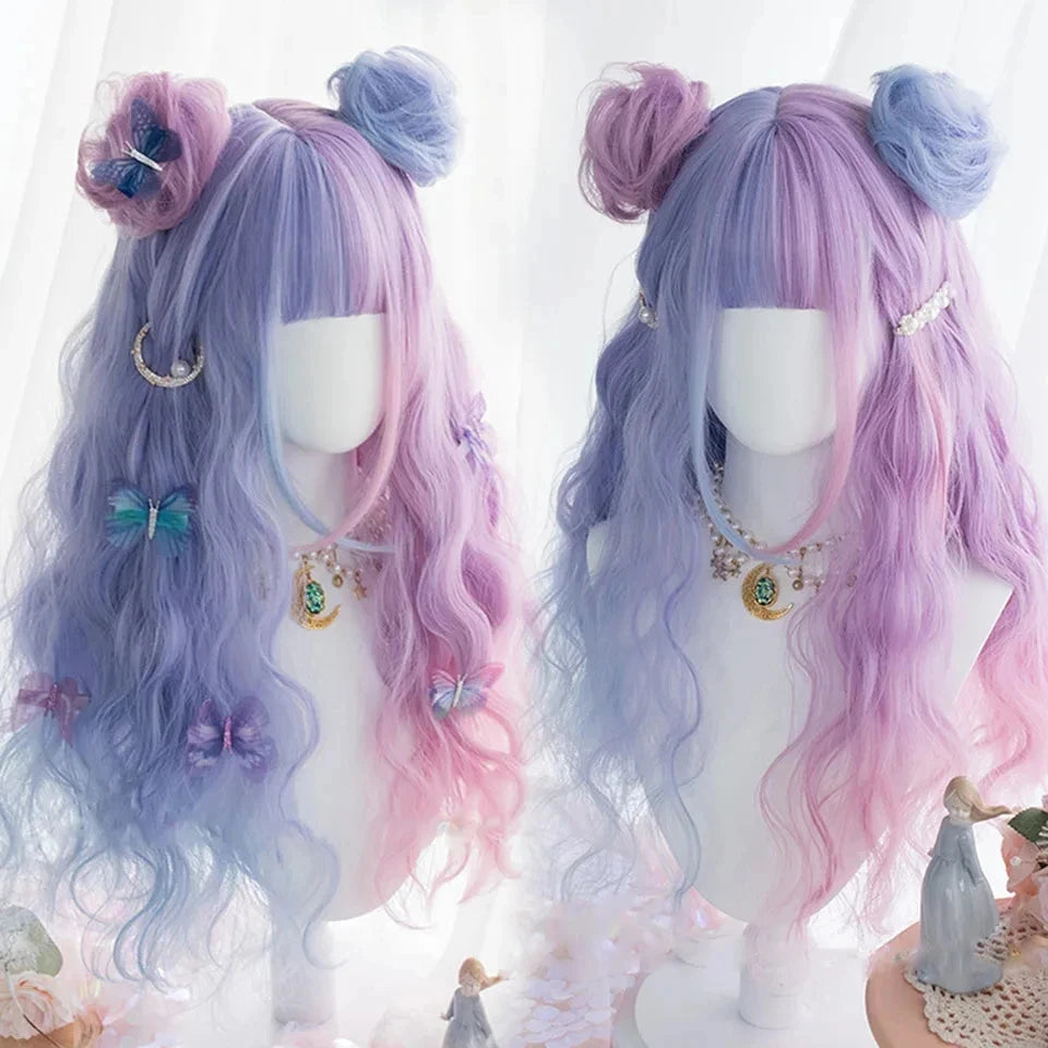 Ombre Harajuku-peruk 66 cm – lång vågig cosplayperuk med lugg