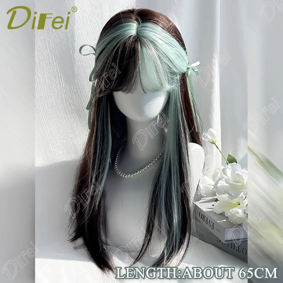 Mintgrön lolita-peruk 66 cm – lång rak syntetperuk med lugg