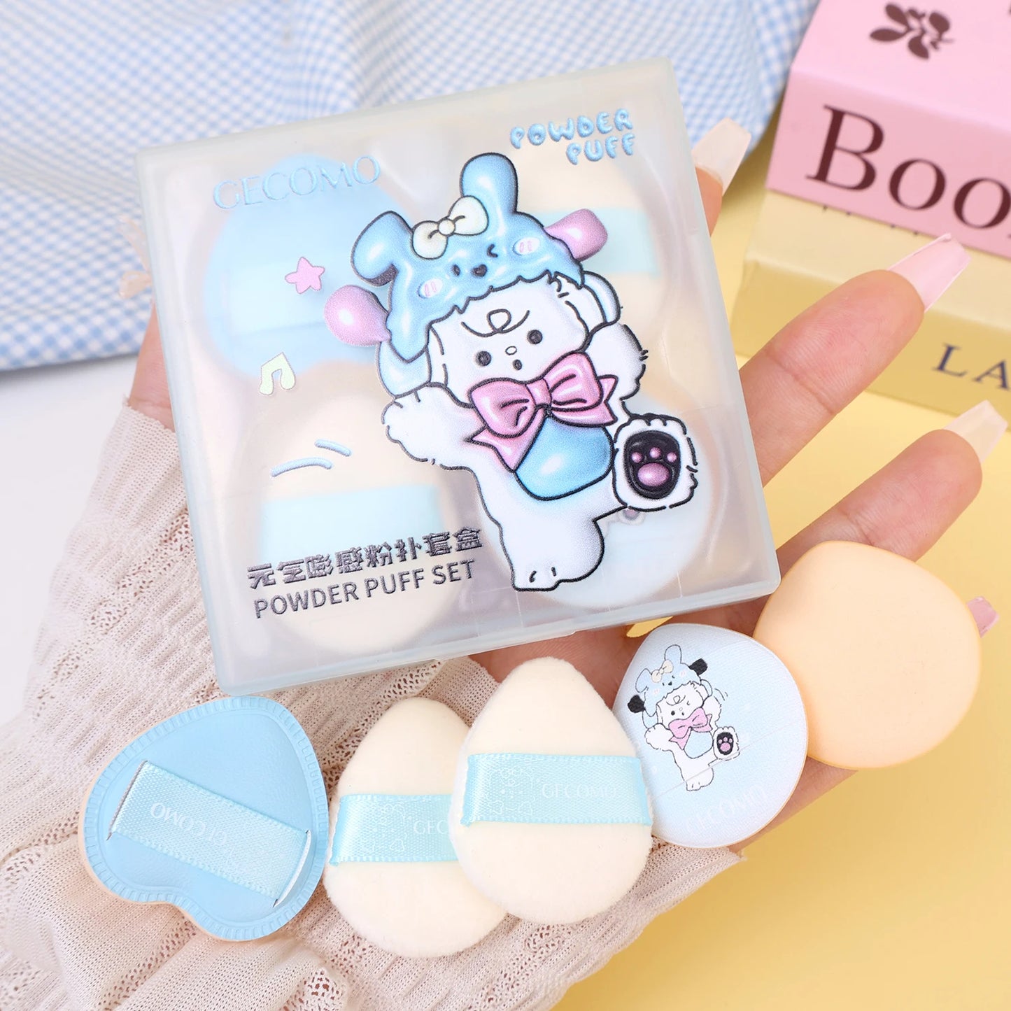 Cute Velvet Powder Puff Set – 5 st mjuka sminksvampar i box för foundation, blush & highlighter