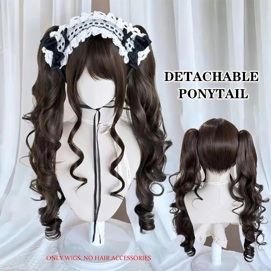 Cosplayperuk med dubbla tofsar – lång vågig syntetperuk för lolita, fest & kawaii-stil