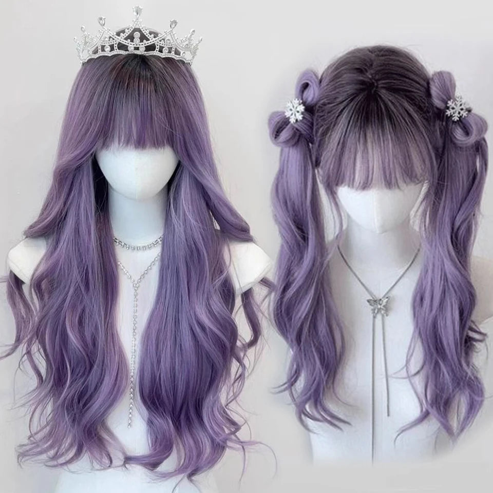 Ombre Harajuku-peruk 66 cm – lång vågig cosplayperuk med lugg