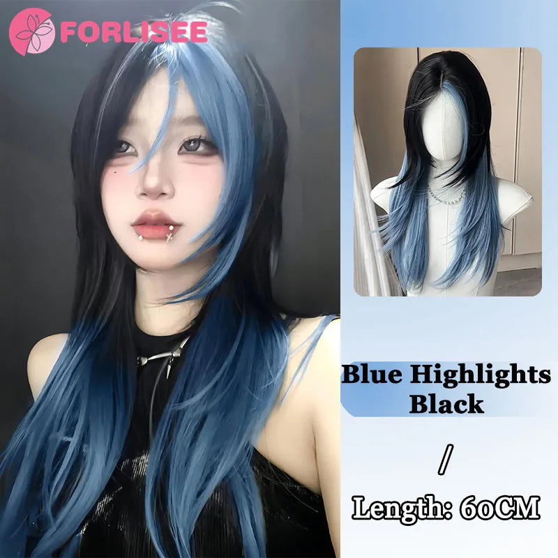 Ombre-peruk 66 cm – lång lockig cosplayperuk med mittbena