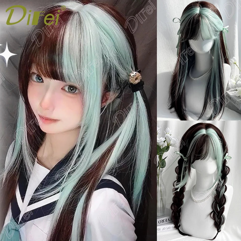 Mintgrön lolita-peruk 66 cm – lång rak syntetperuk med lugg