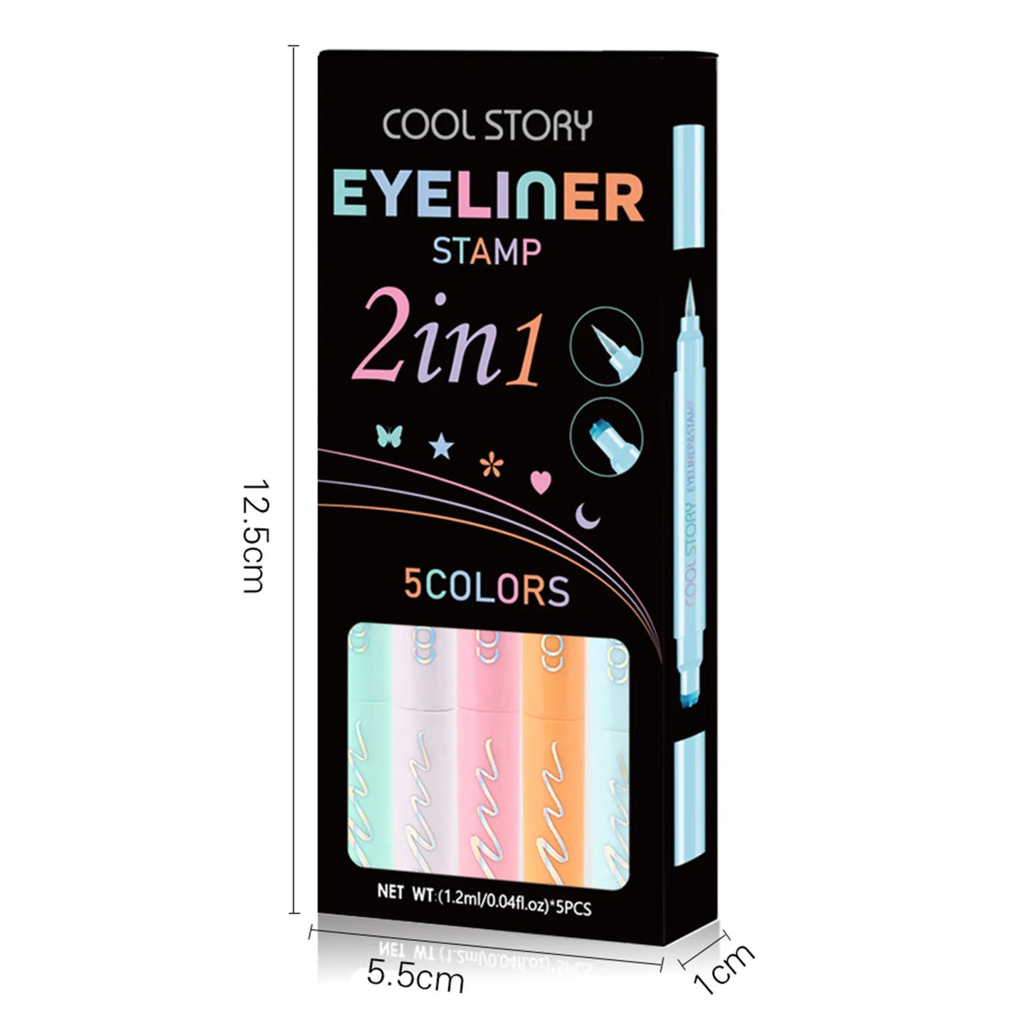 Eyeliner set 5-pack – pastell eyeliners med stämplar (fjäril, stjärna, hjärta, blomma & måne), vattenfasta & snabbtorkande