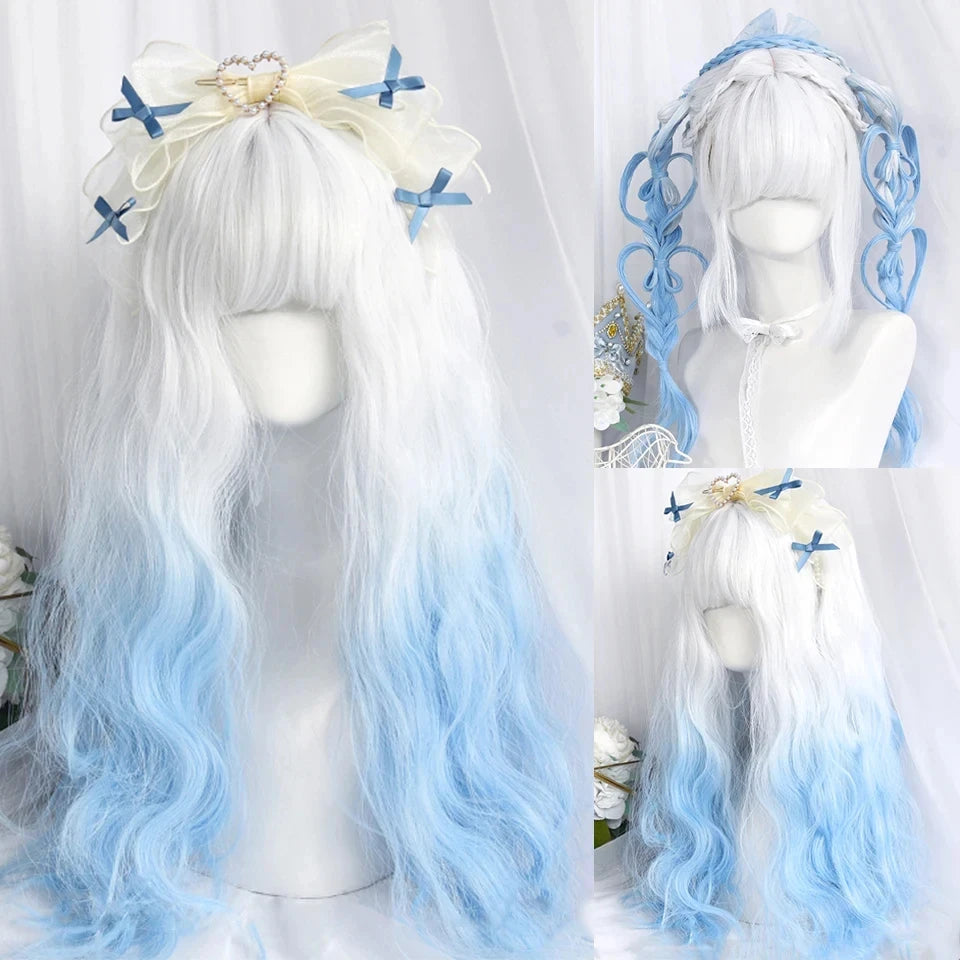Ombre Harajuku-peruk 66 cm – lång vågig cosplayperuk med lugg