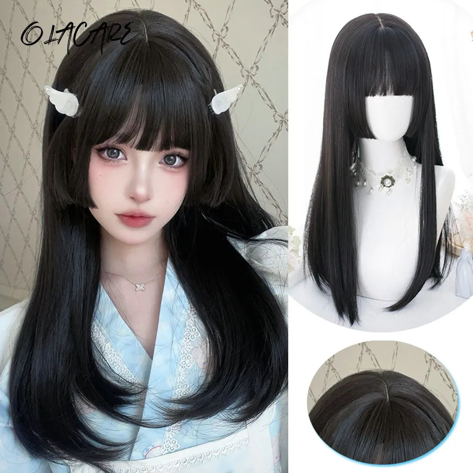 Ombre Harajuku-peruk 66 cm – lång vågig cosplayperuk med lugg