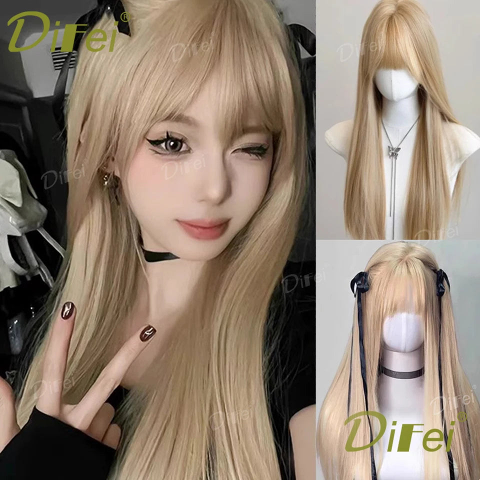 Mintgrön lolita-peruk 66 cm – lång rak syntetperuk med lugg