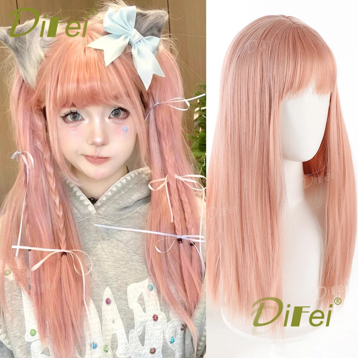 Mintgrön lolita-peruk 66 cm – lång rak syntetperuk med lugg