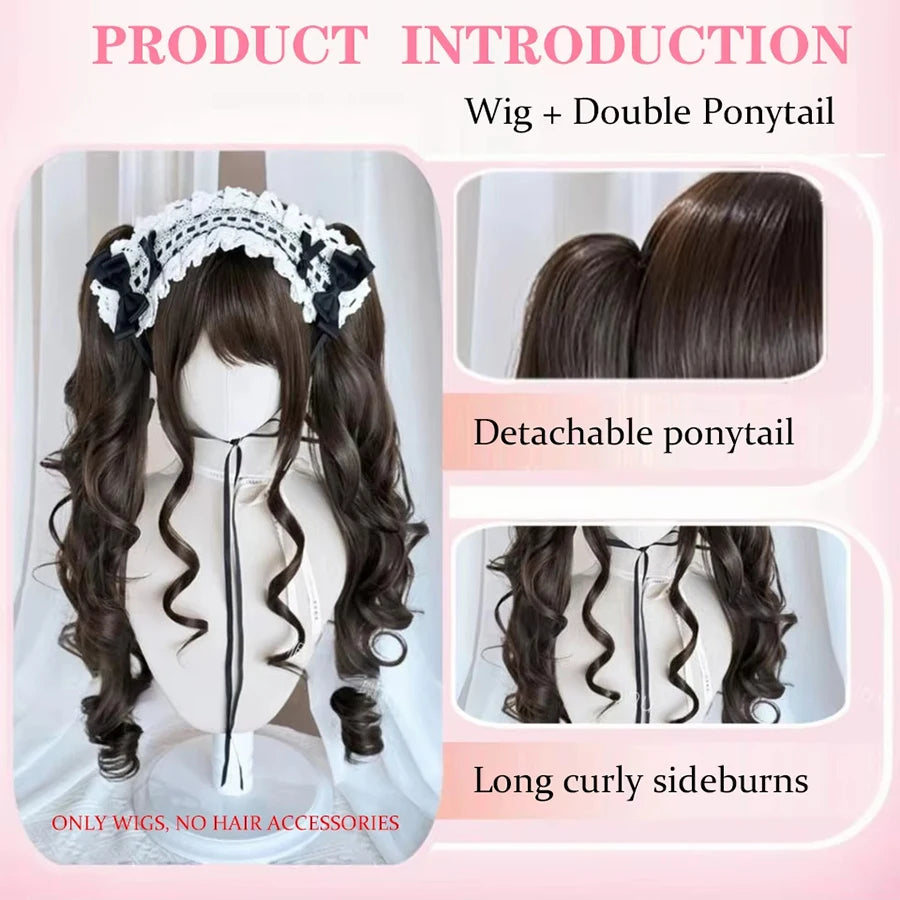 Cosplayperuk med dubbla tofsar – lång vågig syntetperuk för lolita, fest & kawaii-stil