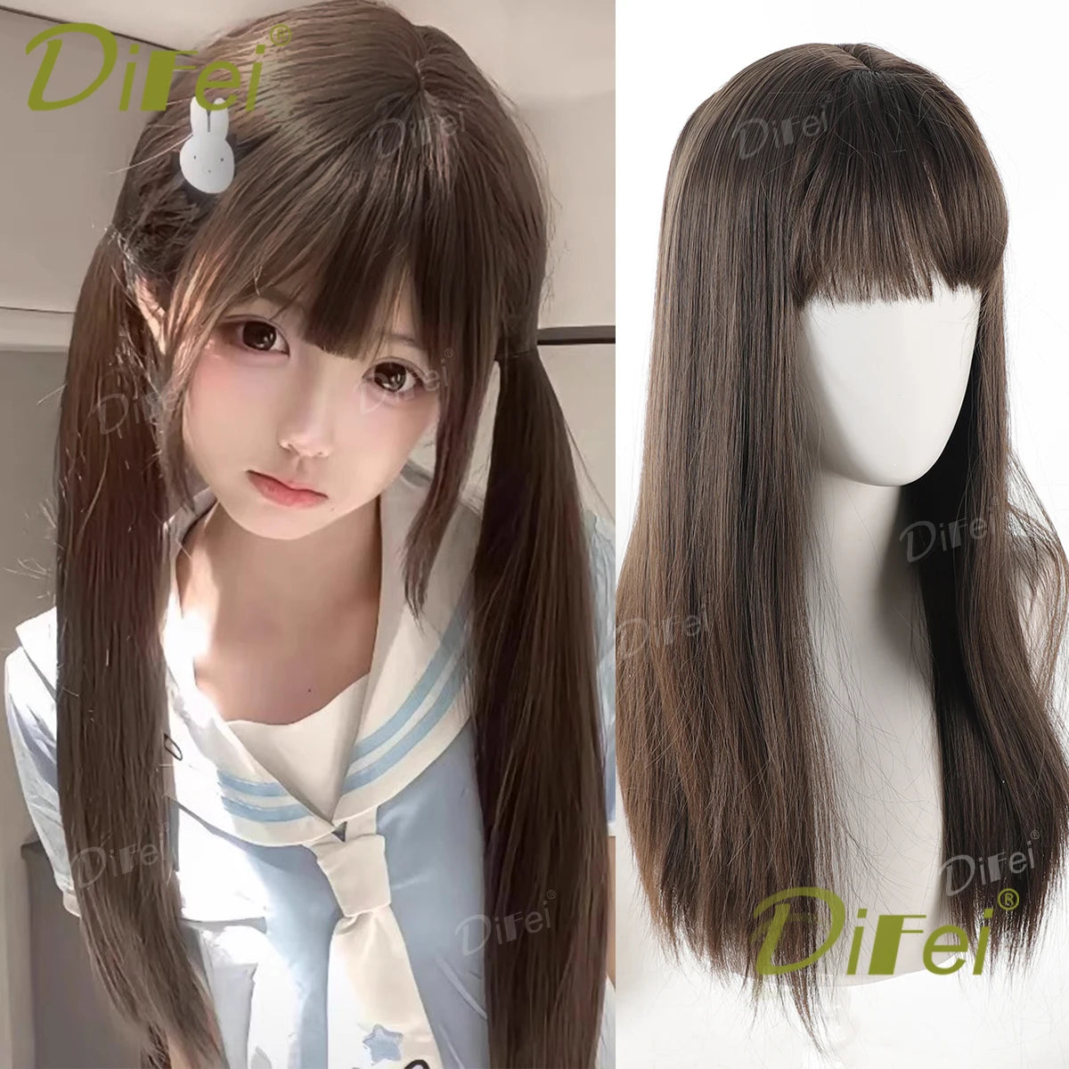 Mintgrön lolita-peruk 66 cm – lång rak syntetperuk med lugg