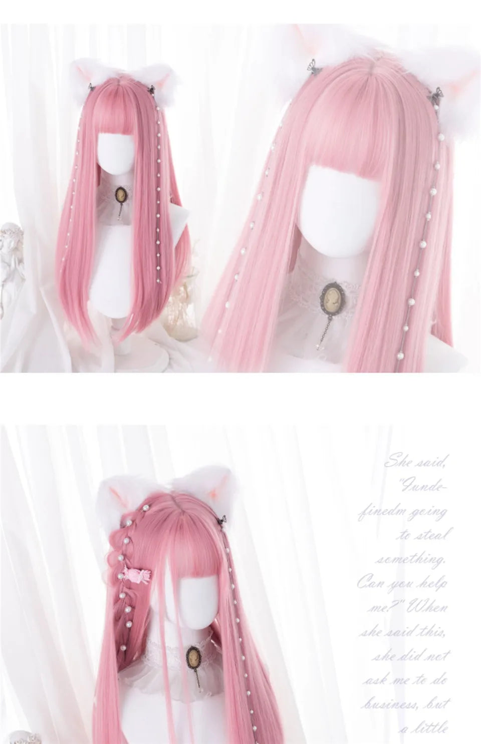 Rosa rak peruk 61 cm – lång syntetperuk med lugg