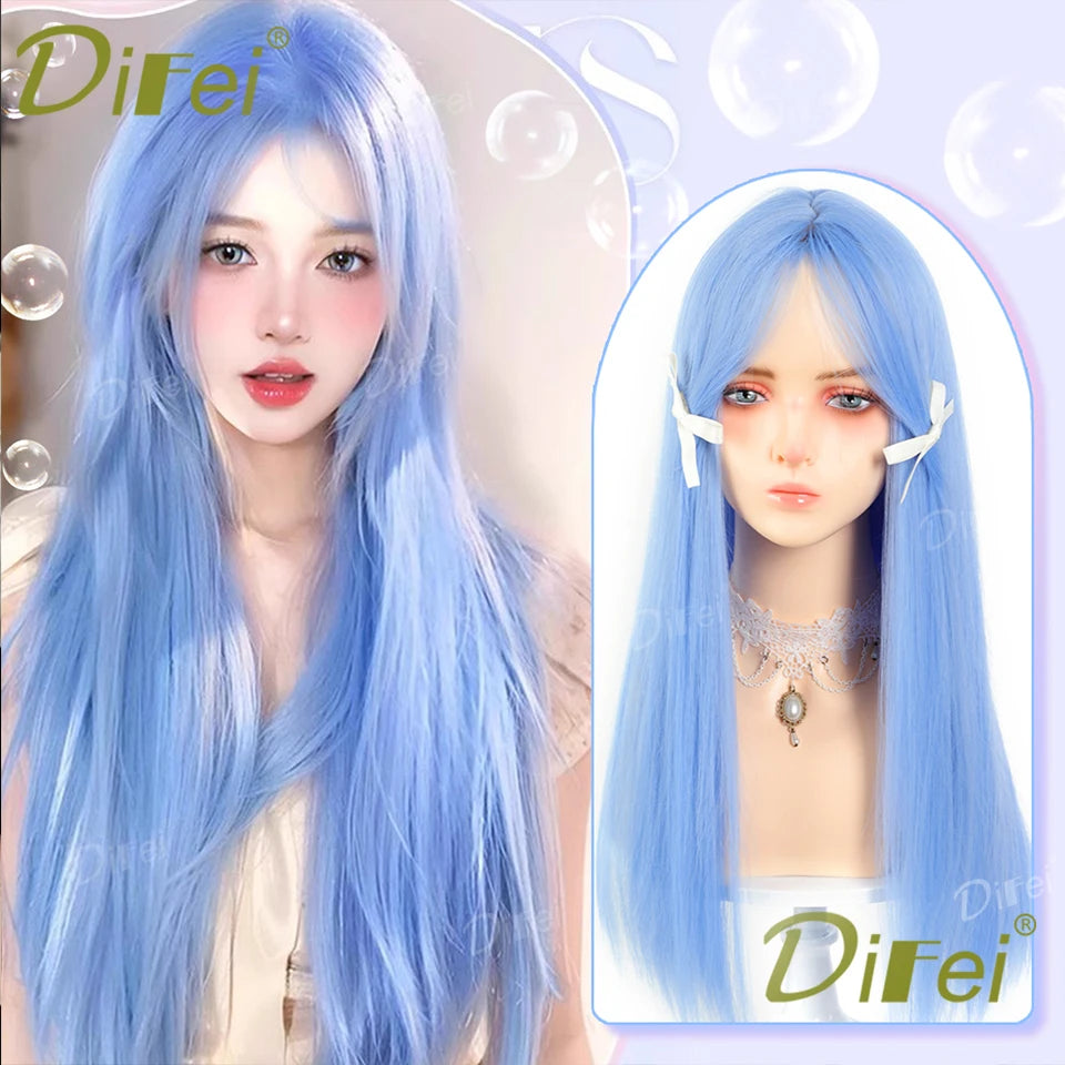 Mintgrön lolita-peruk 66 cm – lång rak syntetperuk med lugg