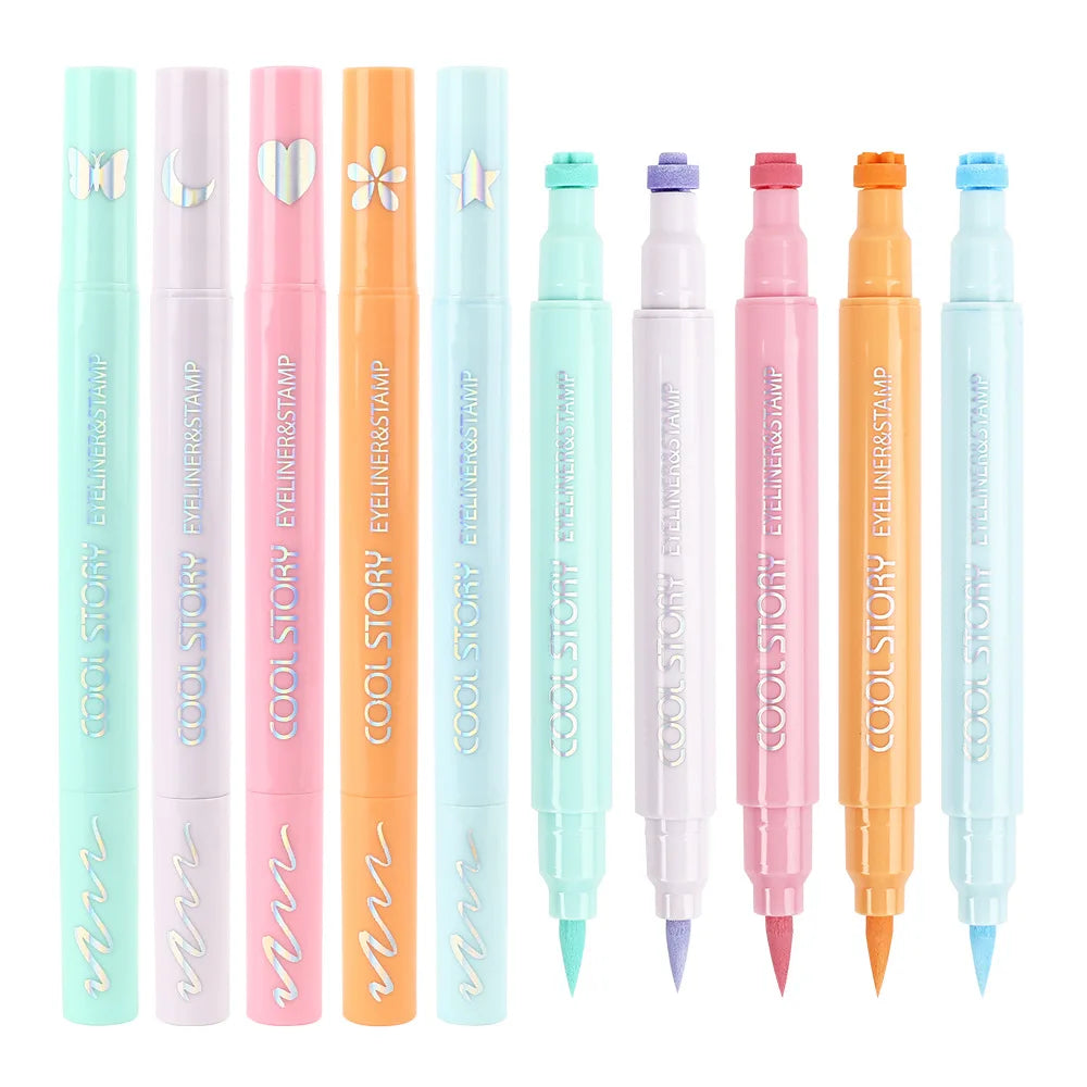 Eyeliner set 5-pack – pastell eyeliners med stämplar (fjäril, stjärna, hjärta, blomma & måne), vattenfasta & snabbtorkande