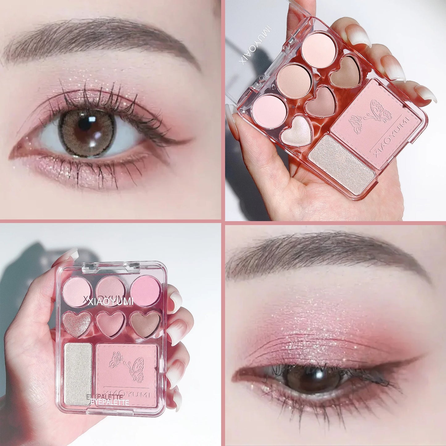 Hjärtformad 8-färgs ögonskuggspalett med rouge & highlighter