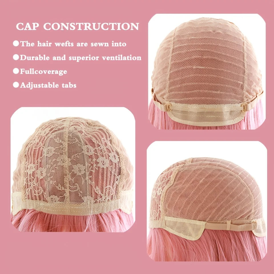 Rosa rak peruk 61 cm – lång syntetperuk med lugg