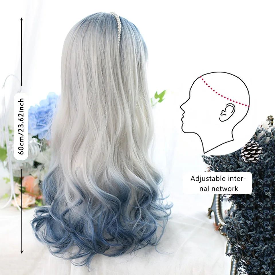 Ombre Harajuku-peruk 66 cm – lång vågig cosplayperuk med lugg