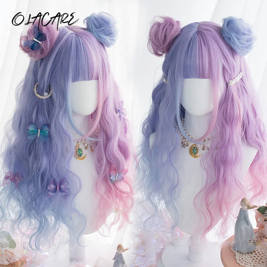 Ombre Harajuku-peruk 66 cm – lång vågig cosplayperuk med lugg