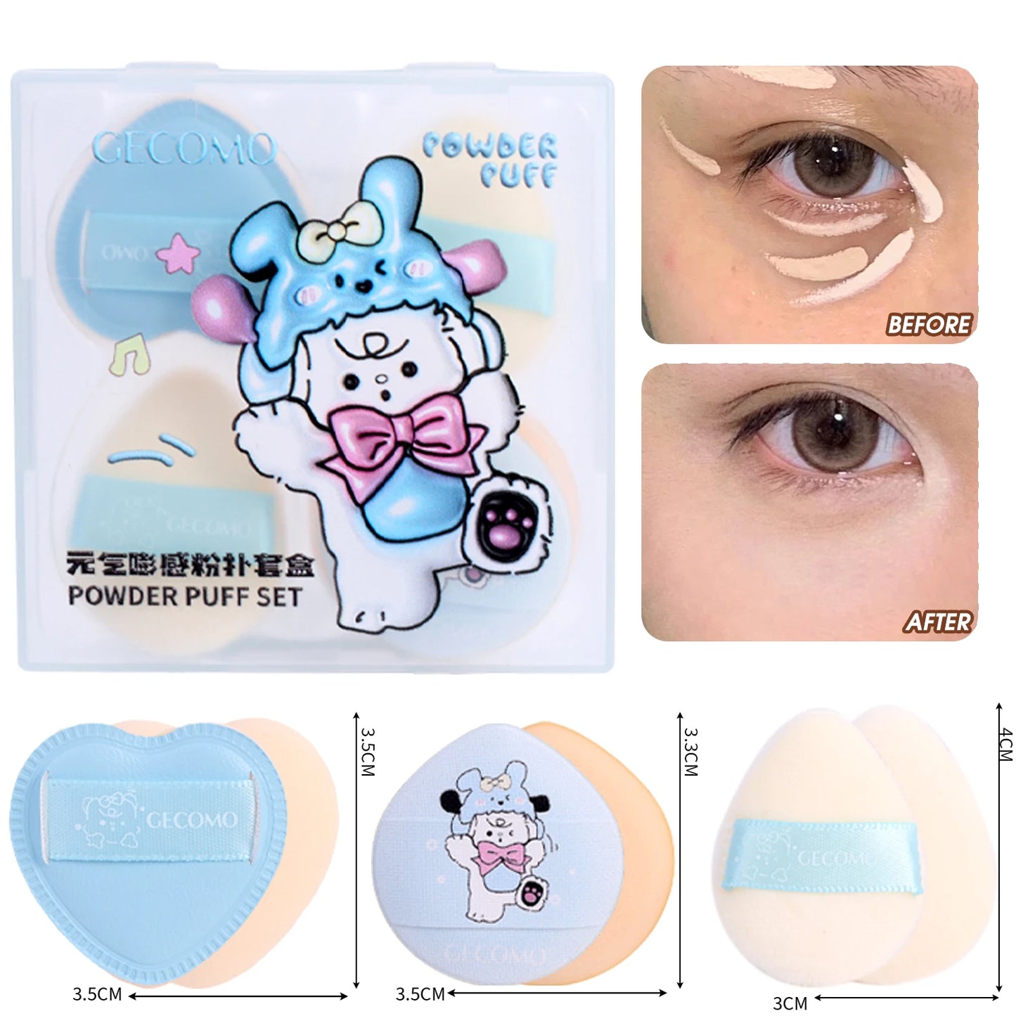 Cute Velvet Powder Puff Set – 5 st mjuka sminksvampar i box för foundation, blush & highlighter