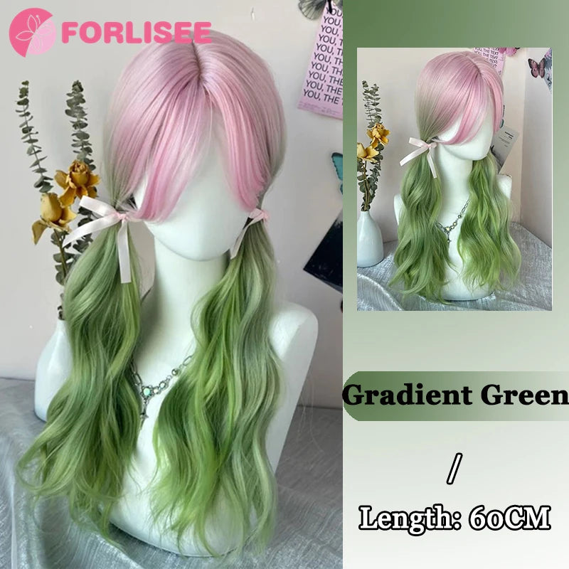 Ombre-peruk 66 cm – lång lockig cosplayperuk med mittbena
